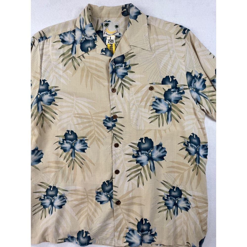 Banana Cabana Mens Large Silk Hawaiian Shirt Tan Blue Floral Short Sleeve Button - Picture 2 of 7
